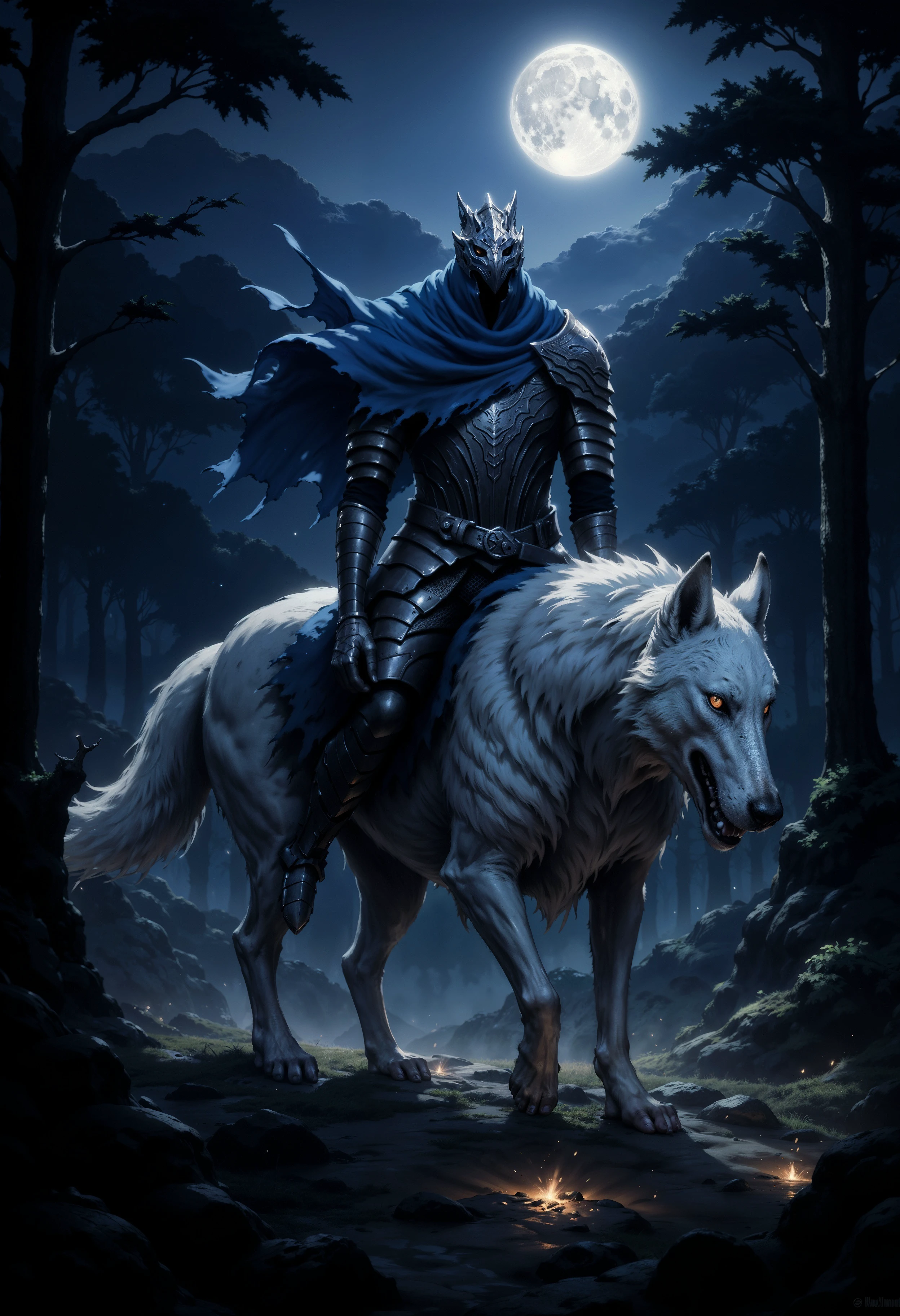 FluxArtorias, A stoic knight embarks on a nocturnal journey through the shadowy forest, perched atop a giant white wolf. His billowing blue cloak stands out against the moonlit backdrop, adding an element of mystery to the scene. This ultra-realistic painting captures every intricate detail of the knight and his companion, bringing them to life in vivid detail. The dark fantasy atmosphere is heightened by the impeccable quality of the image, immersing viewers in a world of enchantment and danger.  <lora:FluxArtorias:1> <lora:fluxenhancer:0.5>