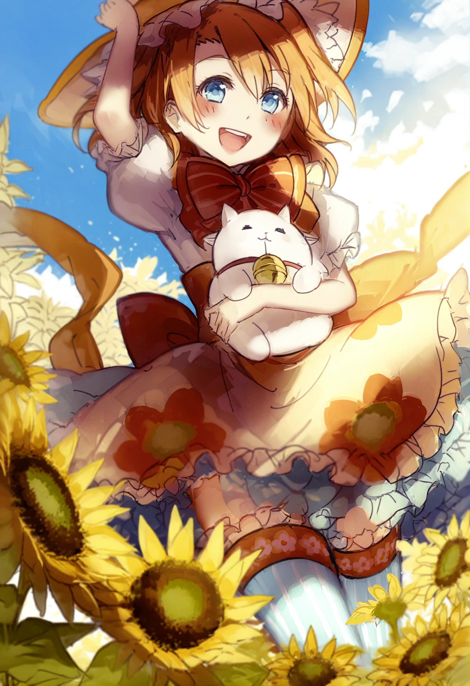 masterpiece, best quality, kousaka honoka, 1girl, solo, open mouth, hat, sunflower, bell, smile, blue eyes, flower, striped clothes, orange hair, thighhighs, striped thighhighs, cat, one side up, flower field, field, :d 
 <lora:junsui0906XLlokr4f-000181:0.95>