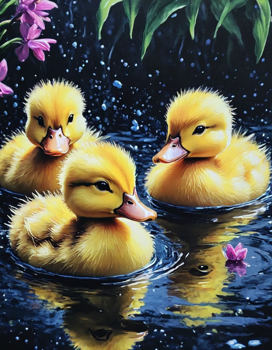 novuschroma49 style ducklings in the water  <lora:novuschroma49 style_2:1>