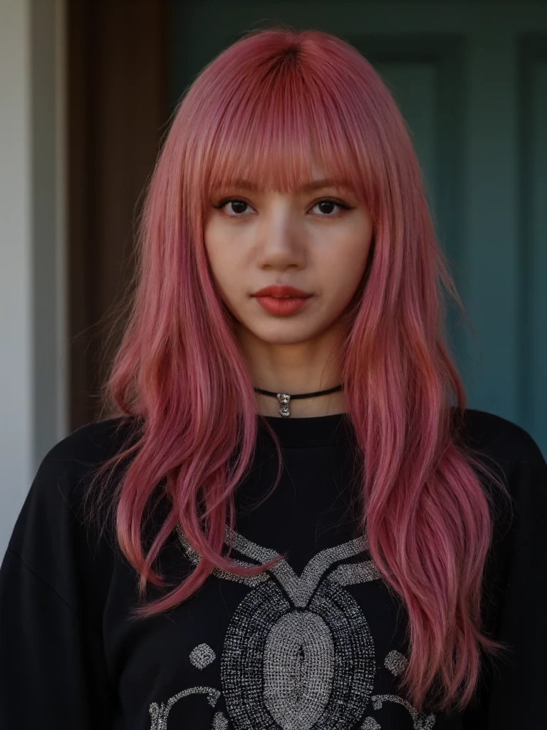 Portrait of blalis woman posing for the camera. She has pin k hair and is wearing black and pink cameo tshirt.