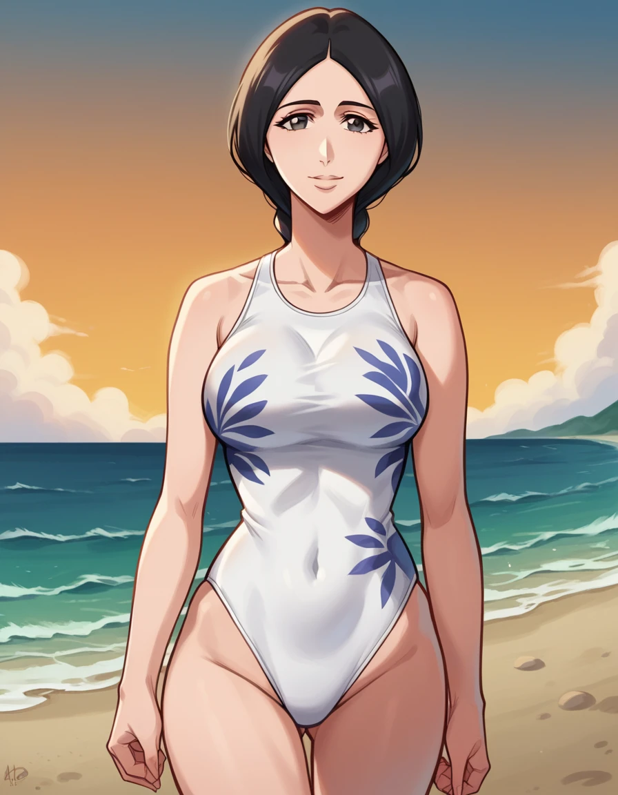 score_9, score_8_up, score_7_up, source_anime, <lora:retsu-unohana-anime-ponyxl-lora-nochekaiser:1>, unohana, long hair, black hair, braid, single braid, large breasts,, swimsuit, one-piece swimsuit, white one-piece swimsuit,, beach, sunset, walking along shore, footprints in sand, waves, peaceful, smile, looking at viewer, arm across chest, knee forward, hand clenched, solo,, cowboy shot, dutch angle