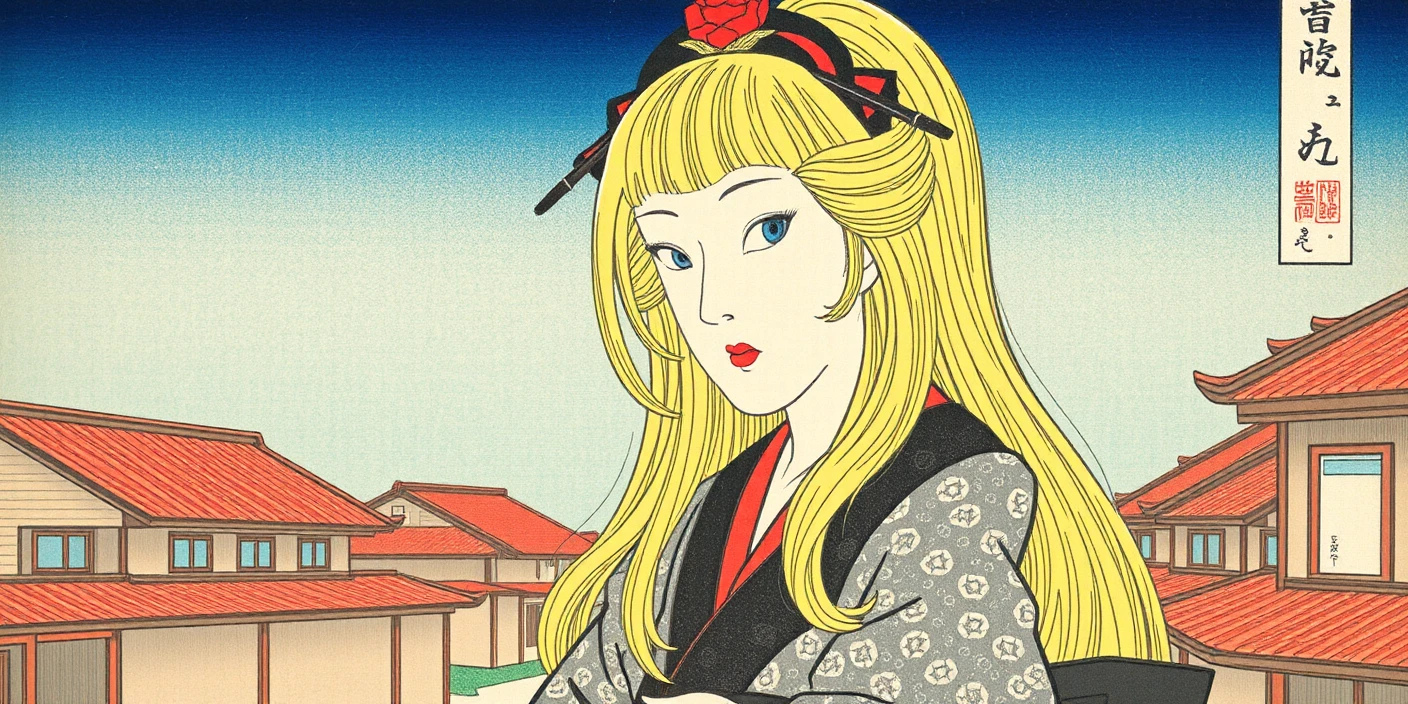 ukiyo-e of girl in traunstein, stunningly vivid blonde color with fine detail line work, excessive texture