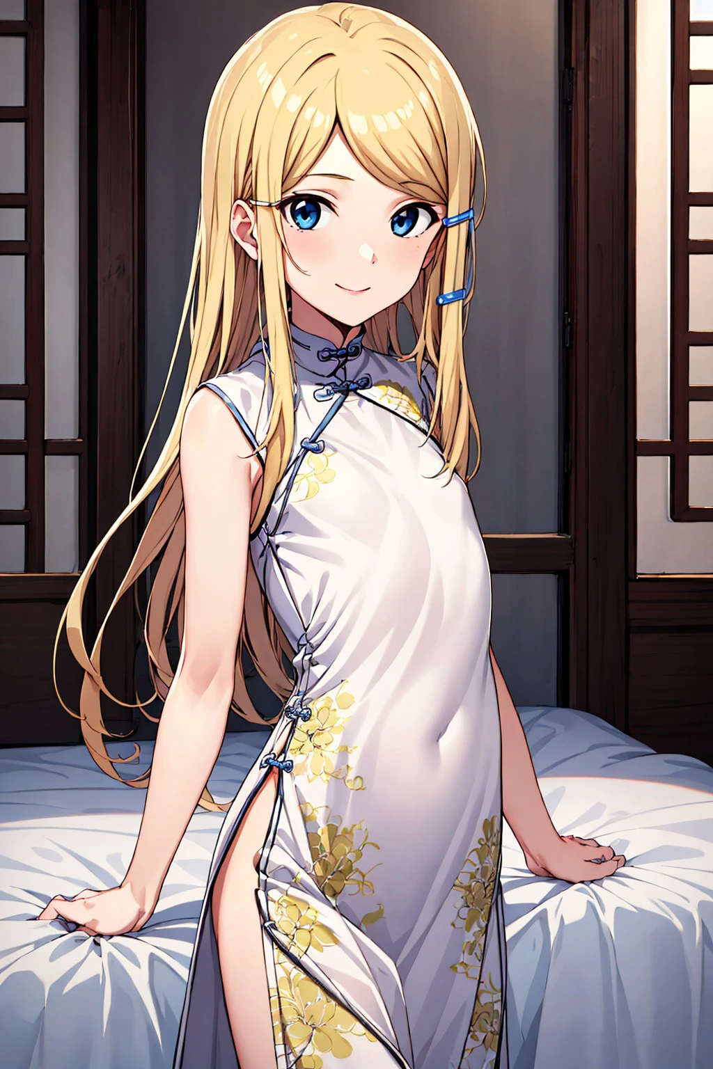 (1girl, solo), looking at viewer, blonde hair, long hair, straight hair, blue eyes, swept bangs, hairpin, white barrettes, slender, front lit, (smile:0.8), sidelocks, haruno saya, (flat color:1.2),  bedroom, (china dress:1.4), <lora:e4661f89-3577-483e-846f-0ab5a1583fa2:0.7>, <lora:shimakazeCosplayOutfit_v10:0.7>