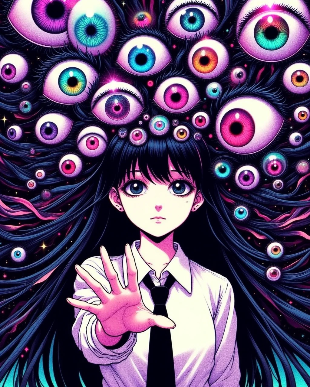 aiai-B1ngLucid, The image depicts a young woman with striking black eyes and long, dark hair. She is wearing a white collared shirt and a black tie, and her hand is extended towards the viewer. Her black hair is flowing wild filled with a multitude of large multi-colored eyes. The background is a dark, starry night sky. The woman's gaze is directed towards the viewer, creating an intense connection between them. The image is rendered in a surreal, dreamlike style with a blend of colors and shapes.
