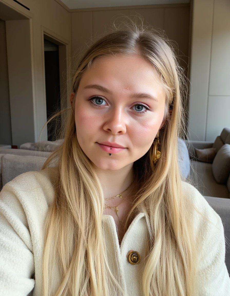 a selfie photo of aimeevanbaalen. The quality of the photo matches that of an iPhone 6. The selfie shows aimeevanbaalen, wearing elegant long light blonde hair, golden earrings, a lip piercing, a golden necklace, and a stola made of white fur. She is looking into the camera, smiling proudly. She is standing in an expensive hotel room, the room is illuminated by winter sunlight.