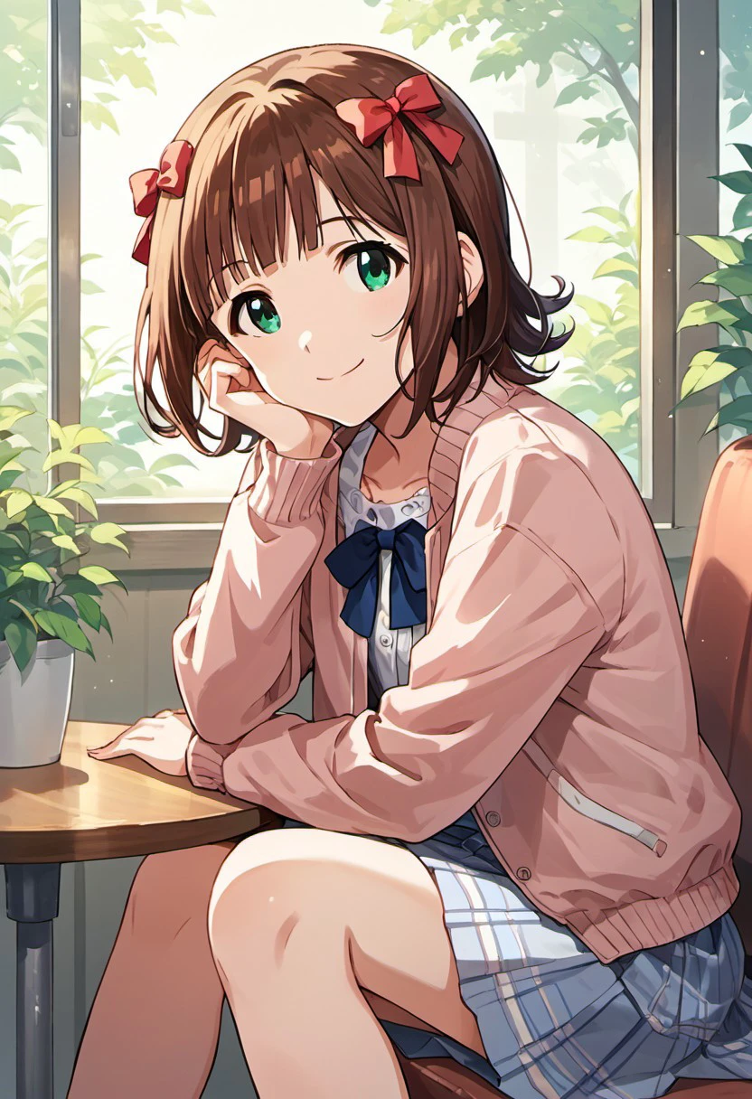 score_9, score_8_up, score_7_up, source_anime,amami haruka, short hair, brown hair, green eyes, 1girl, smile, solo, looking at viewer, skirt, sitting, head rest, ribbon, hair ribbon, hair bow, bow, jacket