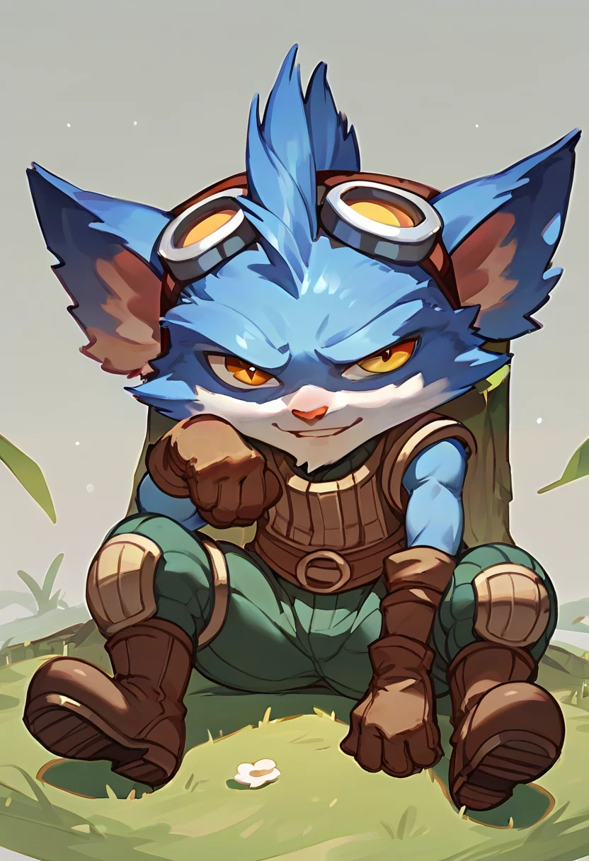 score_9, score_8_up, score_7_up, score_6_up, rumb13, 1boy, yordle, male focus,yellow eyes,glove,goggles, goggles on head, solo,boots, <lora:Rumble_Default_v1-by progress:0.8>, sitting on ground