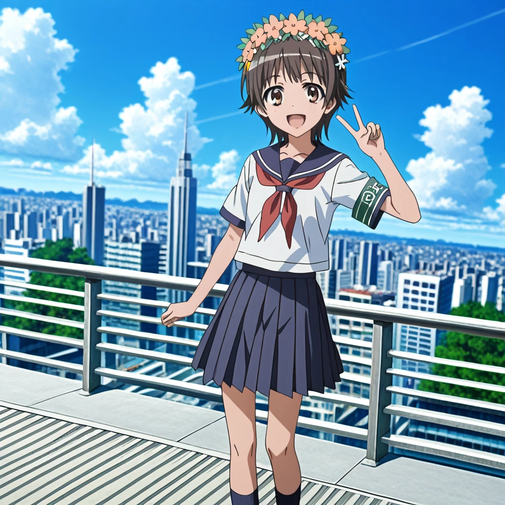 cityscape,outdoors,standing,smile,onehand_peace_sign,open_mouth, 
slender, 1girl, dutch_angle, dynamic lighting,detailed_background,
highres,official_art, very_aesthetic,depth_of_field,caustics, natural_lighting,
<lora:add-detail-xl:1.5> uiharu_kazari, hair_flower, head_wreath, sakugawa_school_uniform, short_sleeves, long_skirt,short_socks, brown_footwear,armband, 
 <lora:Toaru_Uiharu_v10:1>