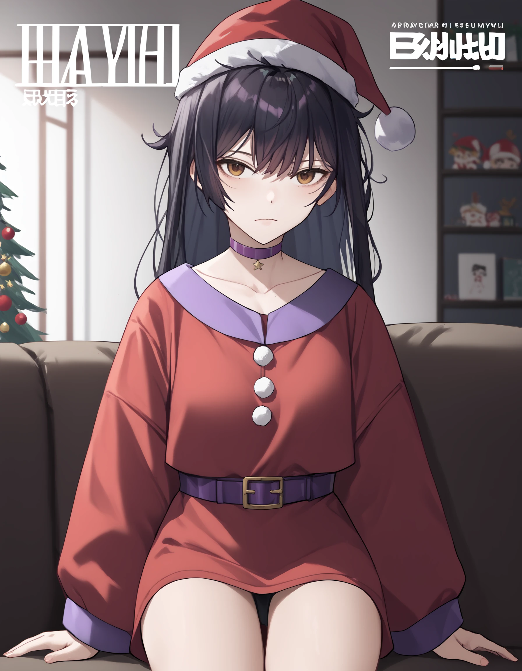 score_9,score_8_up,score_7_up,small breasts,santa,sitting,thighs,santa hat,
<lora:ruyueyiyu_pony3:0.7>,ruyueyiyu,1girl,solo,black hair,bangs,choker,long hair,collarbone,brown eyes,purple choker,messy hair,looking_at_viewer,anime screencap,<lora:Anime_Screencap:1>,<lora:magazine-cover-ponyxl-lora-nochekaiser:1>,magazine cover,