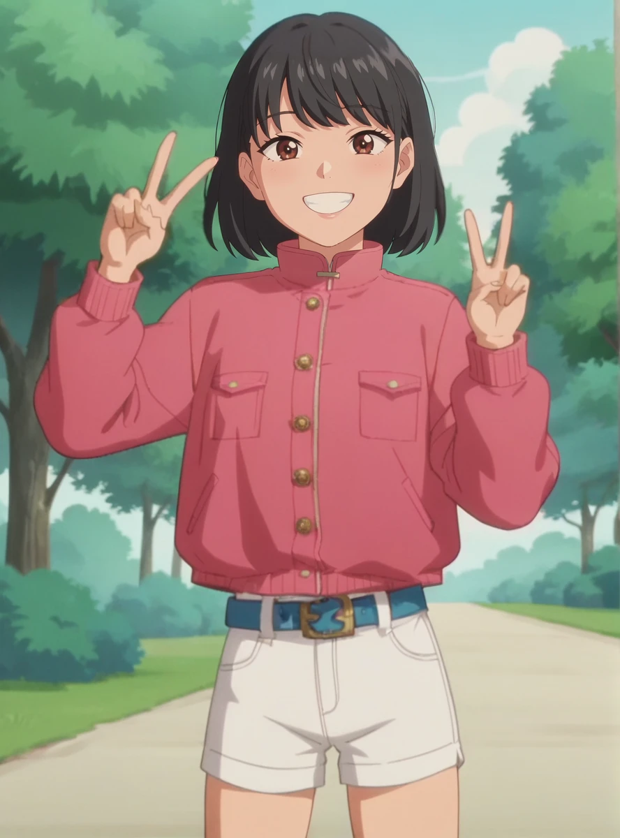 score_9, score_8_up, score_7_up, anime screencap,  anime screencap  anime_coloring <lora:MikiGoogleV:0.8>1girl, solo, black hair, mikipinkjacket, shorts, white shorts, bangs, long sleeves, belt smile  v sign_ thick, outdoors