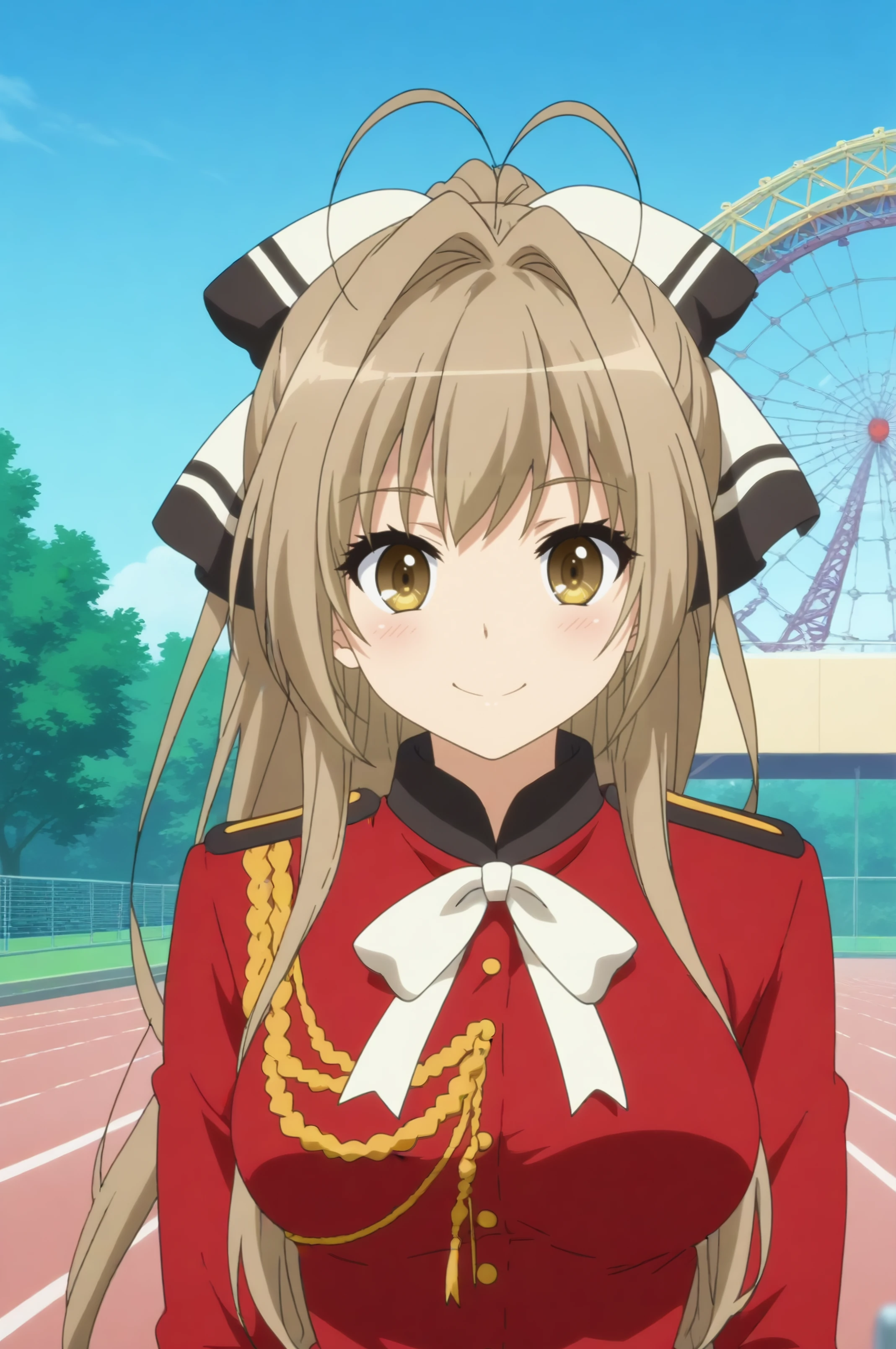 isuzu sento,anime screencap,1girl,solo,long hair,ponytail,antenna hair,aiguillette,uniform,breasts,hair bow,looking at viewer,outdoors, amusement park,roller coaster,smile <lora:Isuzu_Sento.safetensors:0.8>