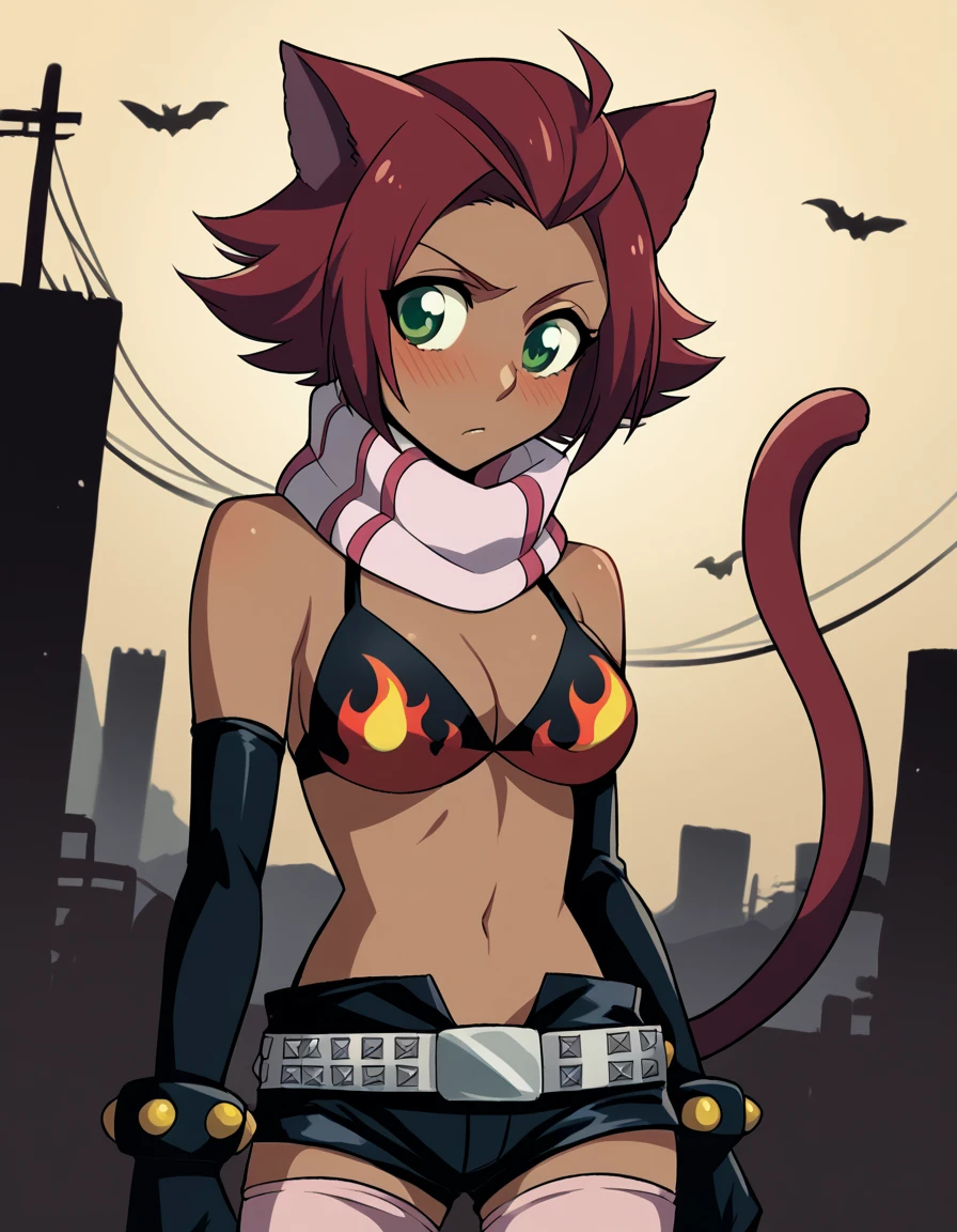 score_9, score_8_up, score_7_up, source_anime, <lora:haineko-anime-ponyxl-lora-nochekaiser:1>, haineko, short hair, red hair, animal ears, tail, cat ears, cat tail, green eyes, dark skin, dark-skinned female,, <lora:yoko-littner-cosplay-ponyxl-lora-nochekaiser:1>, yokolittnercosplay, yoko littner (cosplay), bikini top only, no shirt, belt, shorts, black shorts, short shorts, elbow gloves, gloves, thighhighs, scarf, flame print, navel, midriff,, wasteland, blush,, , cowboy shot, dutch angle
