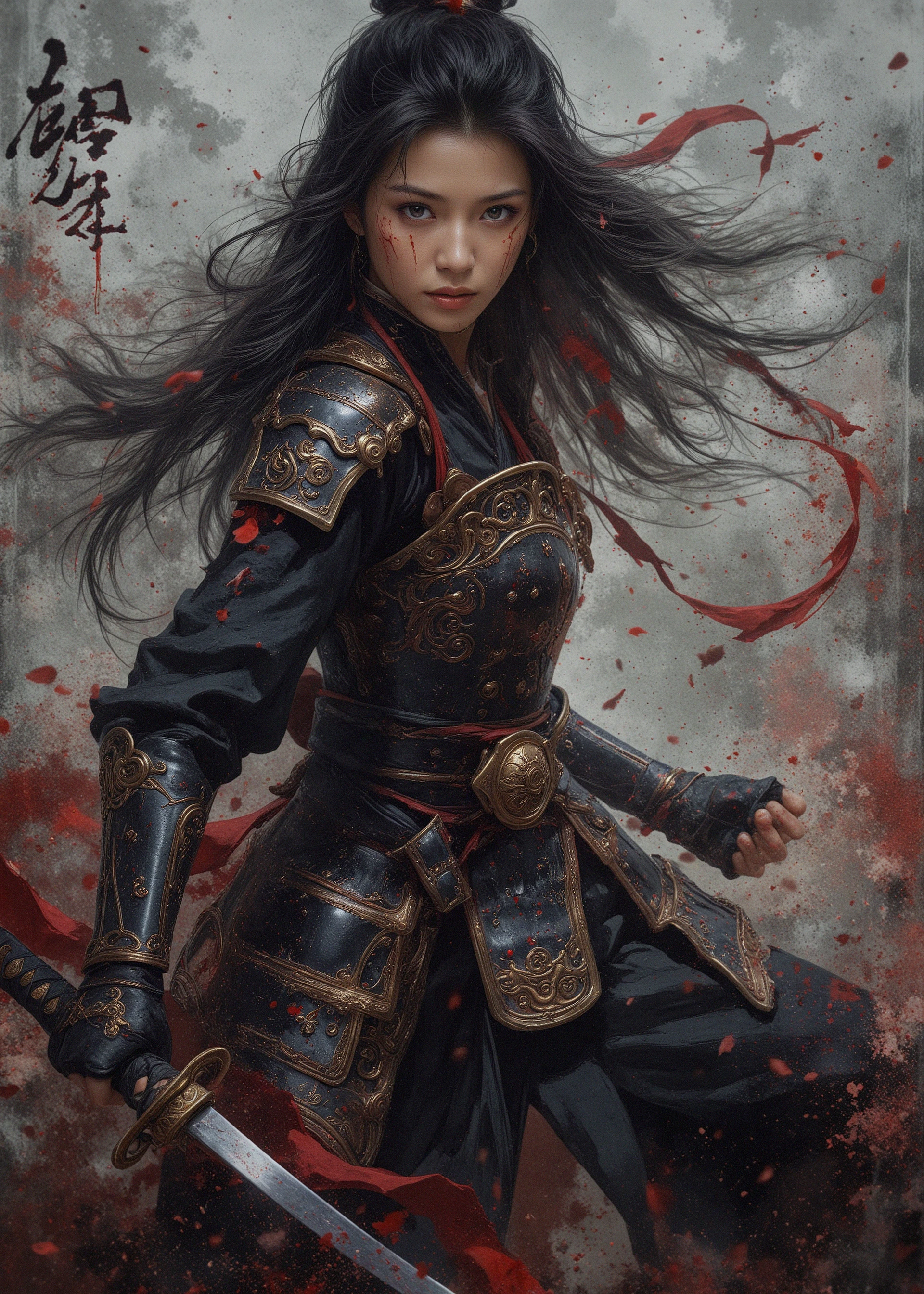 Xia, a beautiful Chinese woman with blood on her face, wearing traditional Chinese armor, in a fighting stance, half-length photo,