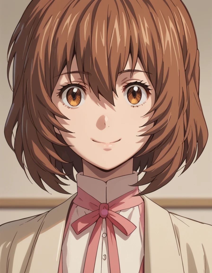 Kanna, brown hair, hair between eyes, brown eyes, score_9, score_8_up, score_7_up, score_6_up, score_5_up, score_4_up, source_anime  <lora:LogHorizonDestructionoftheRoundTable:1> soft smile, portrait,