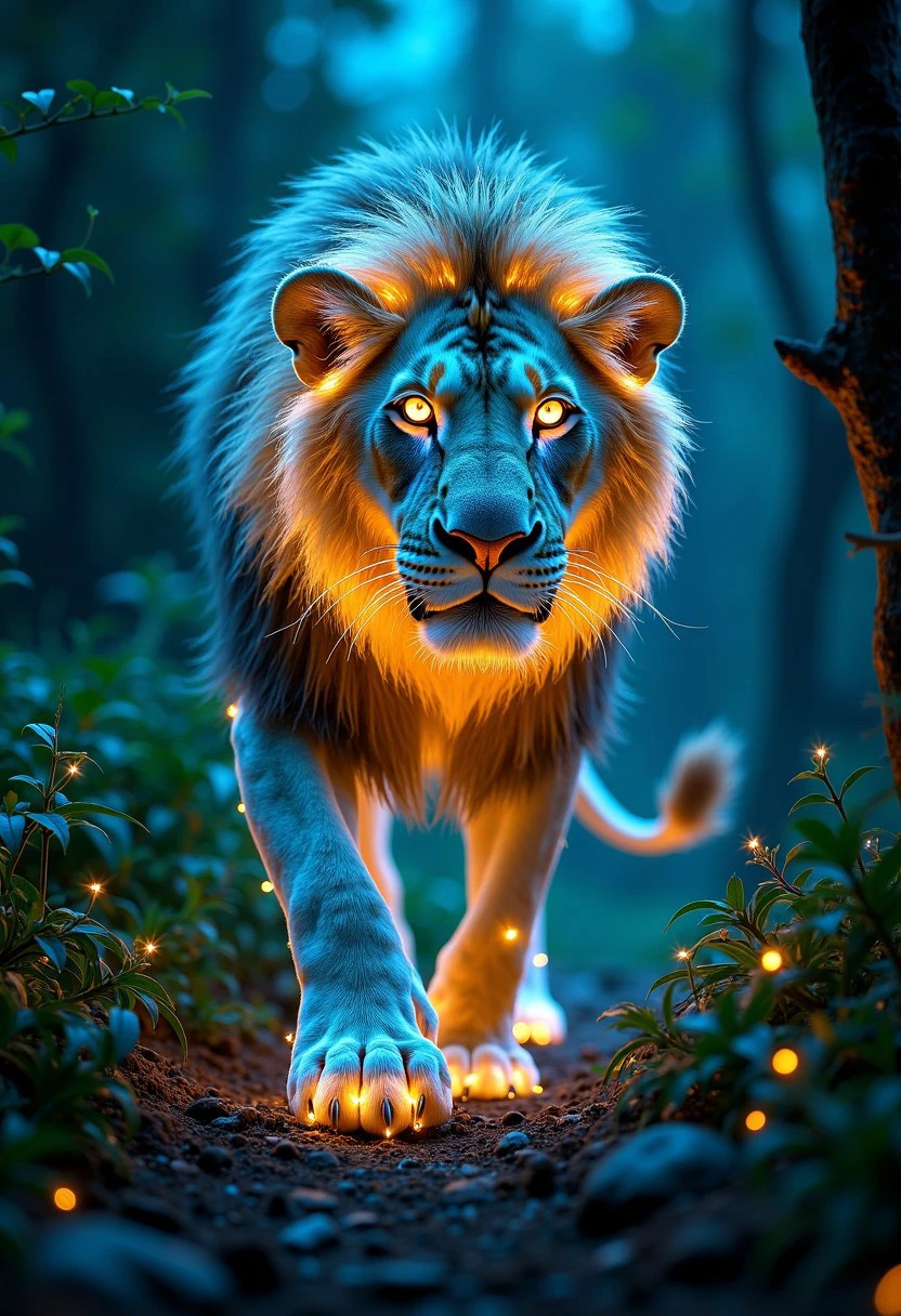 Imagine a majestic lion, its entire form shimmering with a bioluminescent glow in the depths of a mystical, moonlit jungle. The lion's golden fur is interlaced with streaks of luminescent blue and green, each strand pulsing softly as if alive with energy. Its mane is a halo of light, radiating a soft, ethereal glow that contrasts with the deep shadows of the surrounding forest. The lion’s eyes are like glowing orbs, illuminating the path ahead as it prowls through the night. The ground beneath its paws is covered in bioluminescent plants that react to its presence, lighting up with each step. The scene is otherworldly, blending the power and grace of the lion with the mysterious beauty of bioluminescence.