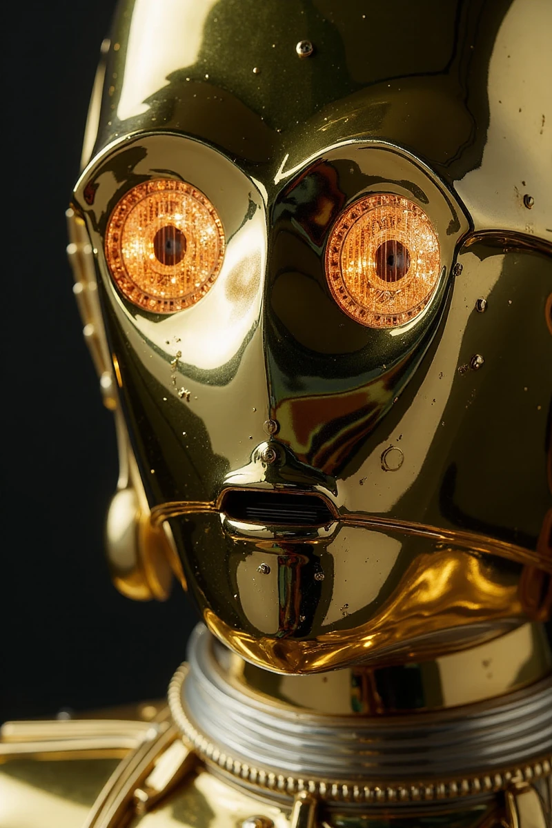 a closeup face portrait of C3PO. Star wars. Highly detailed. Professional photography  <lora:C3PO:0.9>