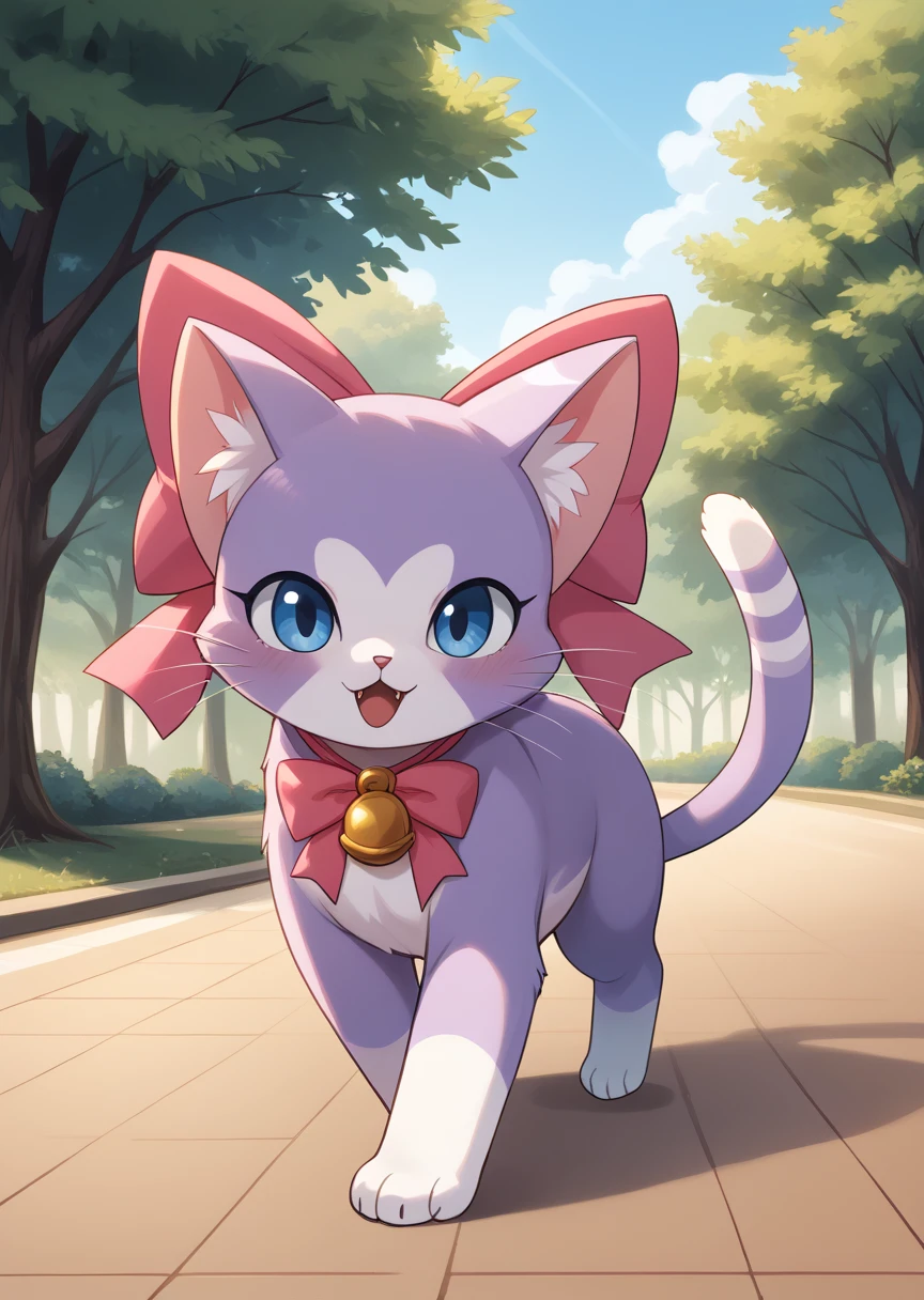 score_9, score_8_up, score_7_up, score_6_up, score_5_up, BREAK
Amanda, solo, blue eyes, bow, ribbon, no humans, bell, cat, pink bow, :<, animal focus, furry, full body, cute, detailed background, park, purple fur, (heart shaped fur), running, dynamic pose, feral