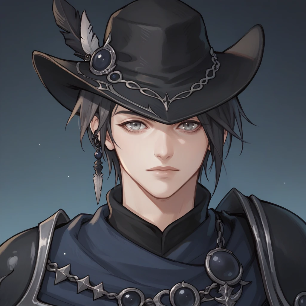 score_9_up, score_8_up, score_7_up, score_6_up, ff14zero, androgynous, solo, jewelry, black hair, short hair, grey eyes, black armor, shoulder armor, cape, upper body, close up, black hat, hat feather, looking at viewer, <lora:Zero-000008:1>