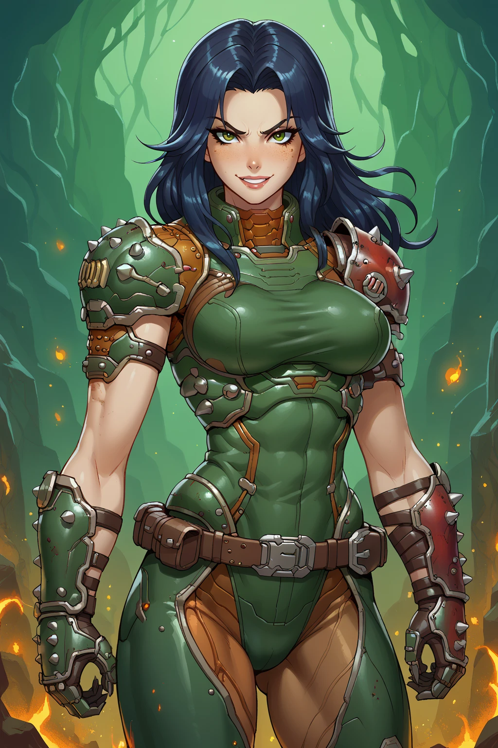 score_9, score_8_up, score_7_up BREAK  1girl,solo,smile,large breasts,long hair,belt
dslayer, woman,armor , the only thing they fear is you, rip and tear until it is done, she is doom, the slayer's time is now
 <lora:edgArmoredPony:0.8>