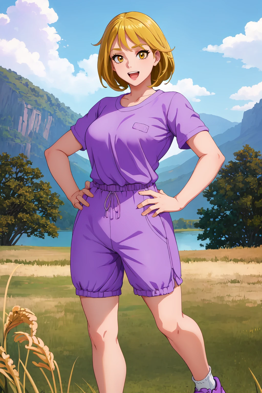 masterpiece,best quality,1girl,crissyf13,standing,full body,hands on hips,purple shirt,purple shorts,sneakers,white socks,blonde hair,short hair,happy,:d,outdoors,lake,field,detailed background,facing viewer,straight on,<lora:CrissyF1315-000002:0.8>