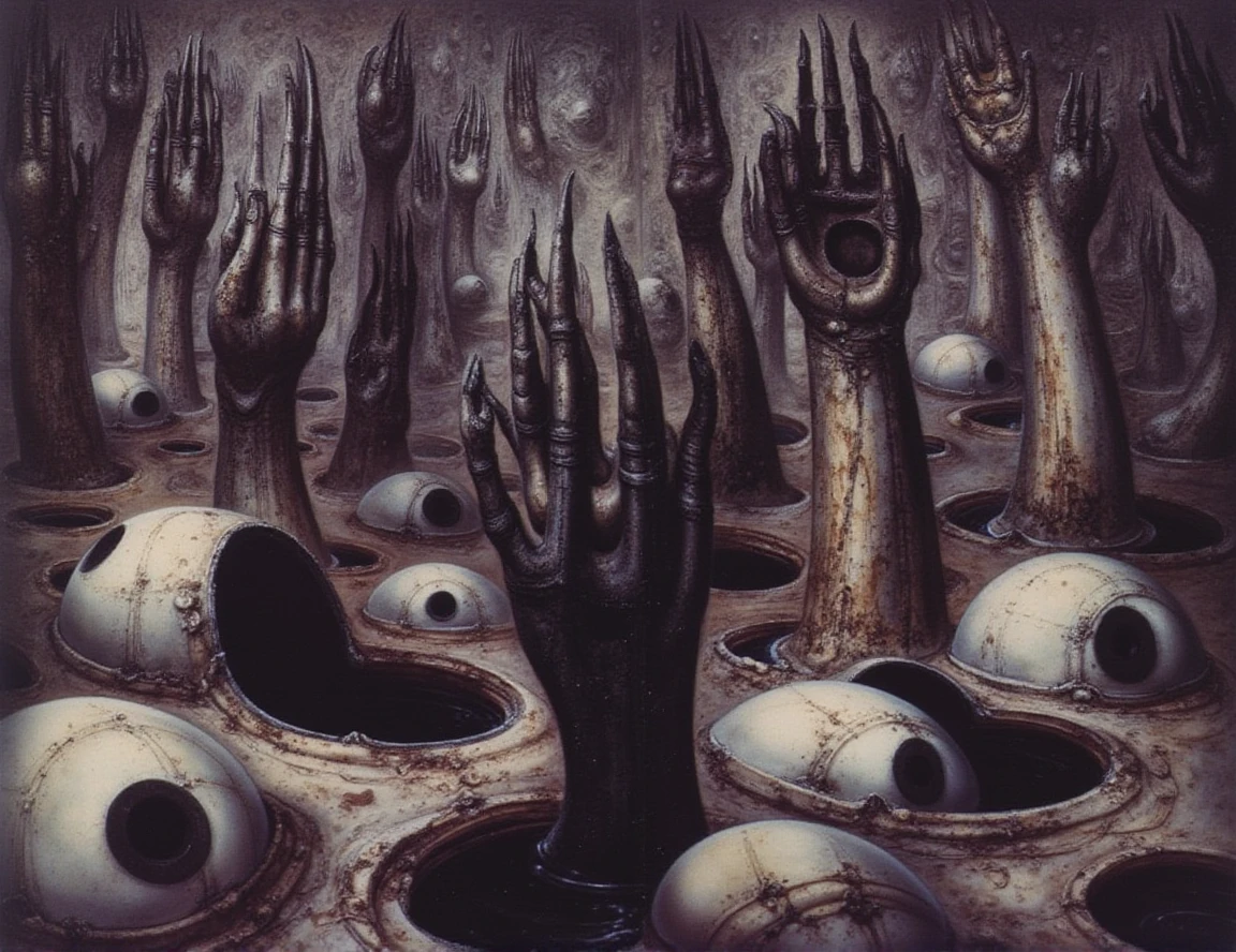 <lora:flux_giger_000003600:1> gigerart.a piece of art by HR Giger. the image depicts a diseased, biological whack-a-mole type array of holes with grungy metal finger-like appendages extending upwards from several holes. the landscape is slick, metal, biomechanical parts. there are eyeballs in the floor that roll back and ooze a black liquid