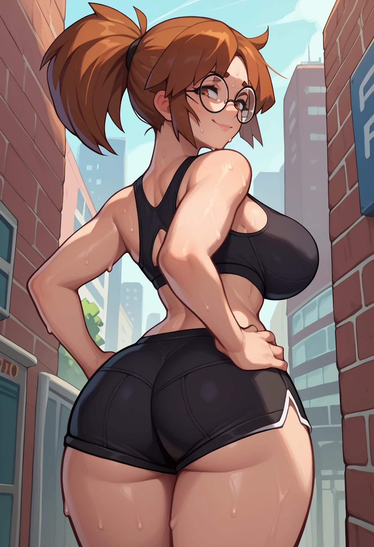 White sports braを着けている一人の女の子((From behind)),Light brown hair,blue eyes,short hair,Small breasts,Blushed,Curvy Girls,White sports bra,plump,Sexy look,Bent over((Spread your legs)),Crouching,Standing in front of a wall((From behind)),Place both hands on the wall((From behind)),turn around((face))