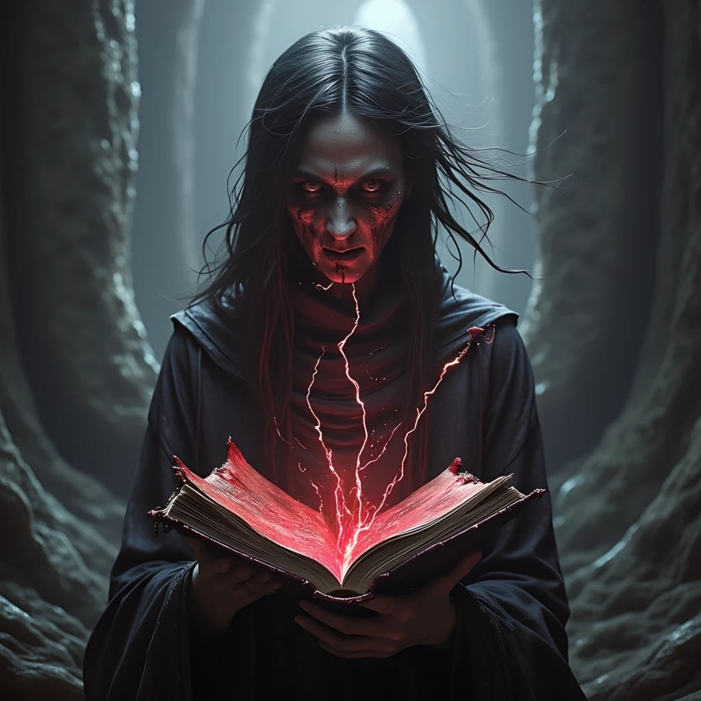 a sorceress is holding a Necronomicon book and casting a very powerful dark spell, blood and lightning magic, dark magic, imminent attack, dark dungeon, the book is bound in flesh, the woman is pale with dark veins around her eyes, wind blowing her hair,
visual style: wterrfantf1, otherworldly, horror, dark setting, dark mood