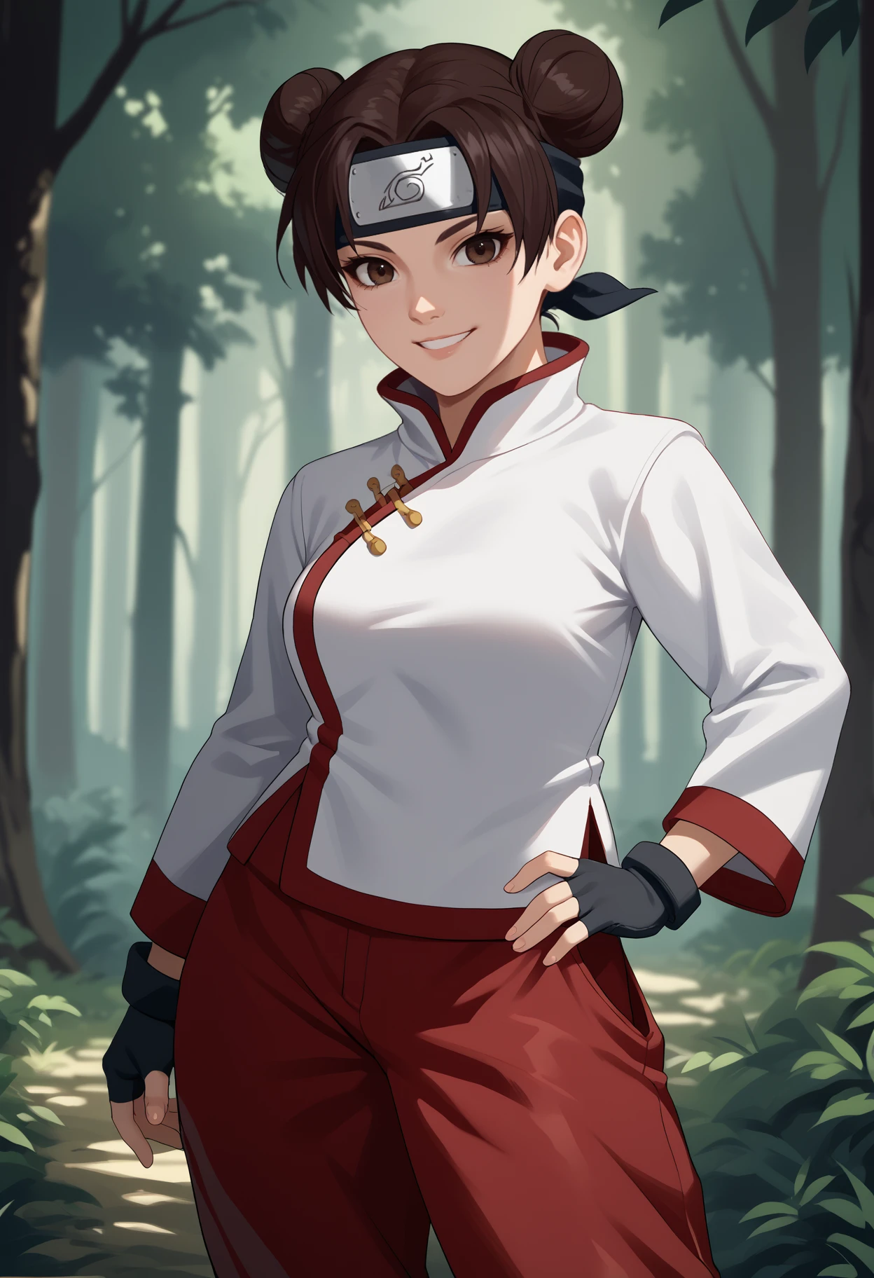 score_9, score_8_up, score_7_up, source_anime, solo, 1girl, t3nt3n, smile, looking at you, standing, hand on own hip, double bun, forehead protector, headband, chinese clothes, white shirt, high collar, long sleeves, black gloves, fingerless gloves, red pants, outdoors, forest
<segment:yolo-face_yolov8m.pt,0.4,0.5//cid=1>