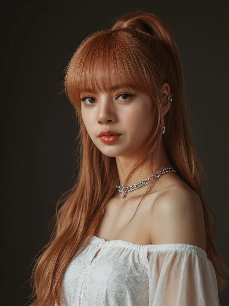 Portrait of blalis woman. She is looking serious into the camera. She has long rose hair with bangs and a ponytail. She is wearing a white dress that reveals her shoulders.