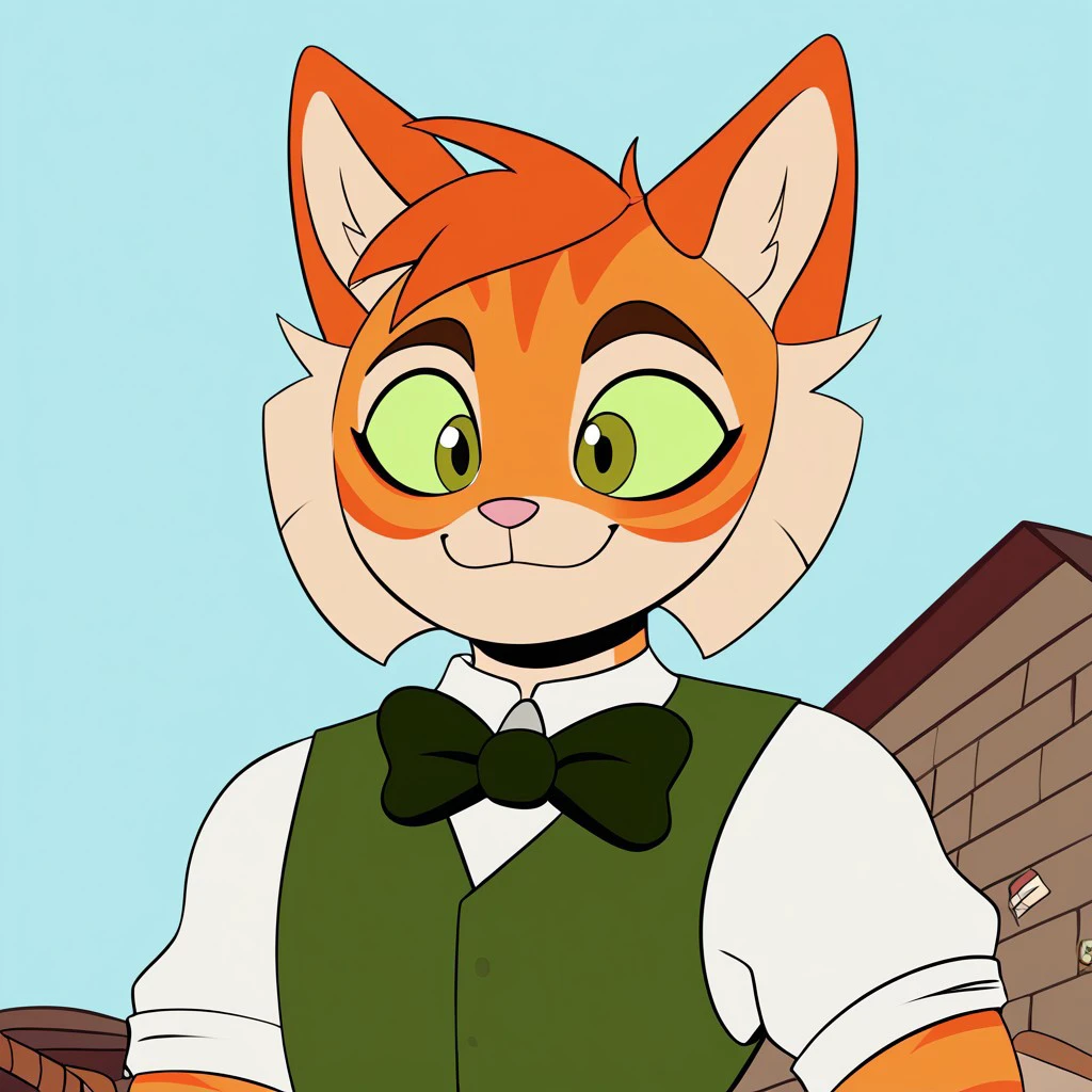 Calvin [Lackadaisy], Calvin Mcmurray [Lackadaisy], Freckle [Lackadaisy], orange cat, orange fur, striped pattern, striped, white accents. (male anthro cat:1.3).
Solo, alone, by himself, 1boy, male.
athletic, athletic body, muscles. (athletic body), (orange body:1.1),
clothing, clothed, green bowtie, bowtie, green vest, vest, white shirt, shirt, 
HD, digital painting, digital art, masterpiece.
Headshot, head focus, close to face, closeup, bustshot.
Happy emotion, happy. 
Outside, battlefield, ww1. (outside:1.1) 
HD, digital painting, digital art, masterpiece ((headshot)), digital drawing (artwork), digital media (artwork), hi res.  negative_hand. sparkibarki, Cartoony, Cartoon like, cutesy style, furry, furry art,