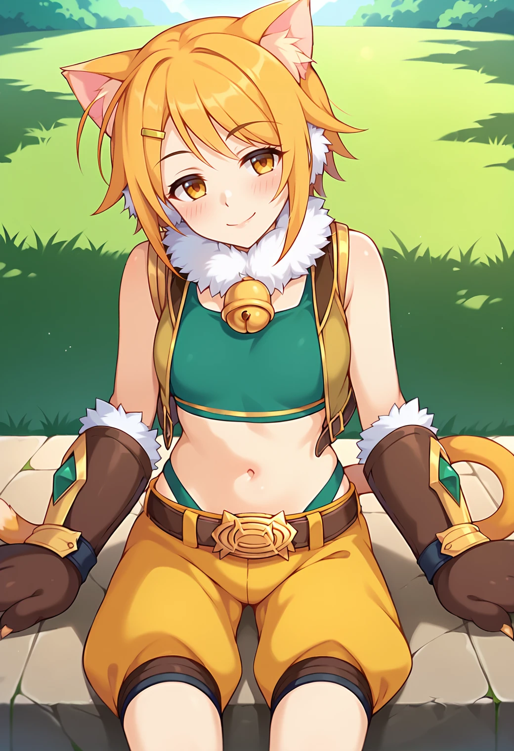 score_9, score_7_up, hd, (ultra hd quality details), source_anime, outdoors, veranda,
solo, 1girl, pcrhiyo, cat ears, animal ear fluff, cat tail, hiyo2sdef, hairclip, fur collar, neck bell, bare shoulders, yellow vest, open vest, green bandeau, midriff, belt, buckle, yellow shorts, highleg, brown gloves, fur-trimmed gloves, paw gloves,
looking at viewer, blush, smile, head tilt, closed mouth, half-closed eyes, 
sitting,
<lora:_hiyoripcr-elesico-ponyr2e12:0.9>