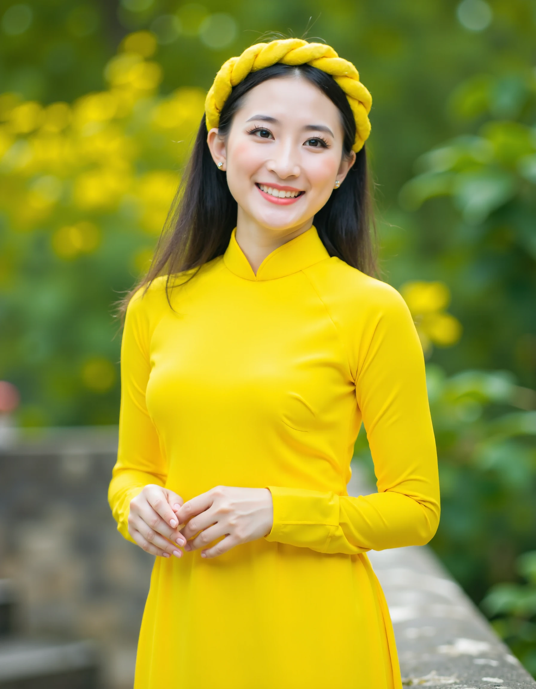 aodaivn8, Vietnamese, The image is a portrait of a young woman wearing a traditional Vietnamese dress. She is standing on a stone wall with a blurred background of greenery and yellow flowers. The woman is wearing a bright yellow ao dai, which is a long-sleeved dress with a high neckline and long sleeves. She has a yellow headband tied in a knot at the top of her head and is smiling at the camera. Her hair is styled in loose waves and she is wearing minimal makeup. The overall mood of the image is cheerful and happy.
 <lora:flux_lora_aodaivn8:1.2>