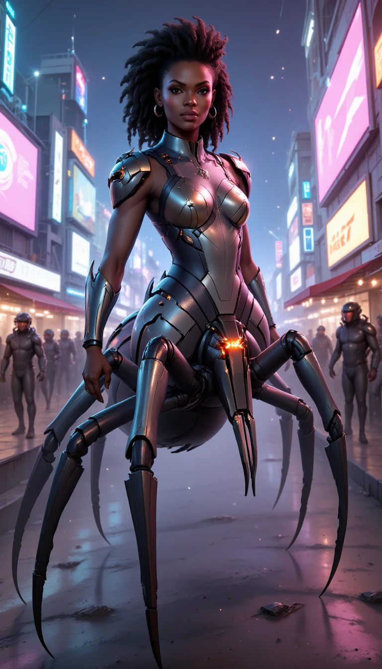 4r4chn1d, Sudanese woman, in a location that can be described with the keywords A cyberpunk festival, with attendees in futuristic costumes, parading through the neon-lit streets., One Arm Akimbo