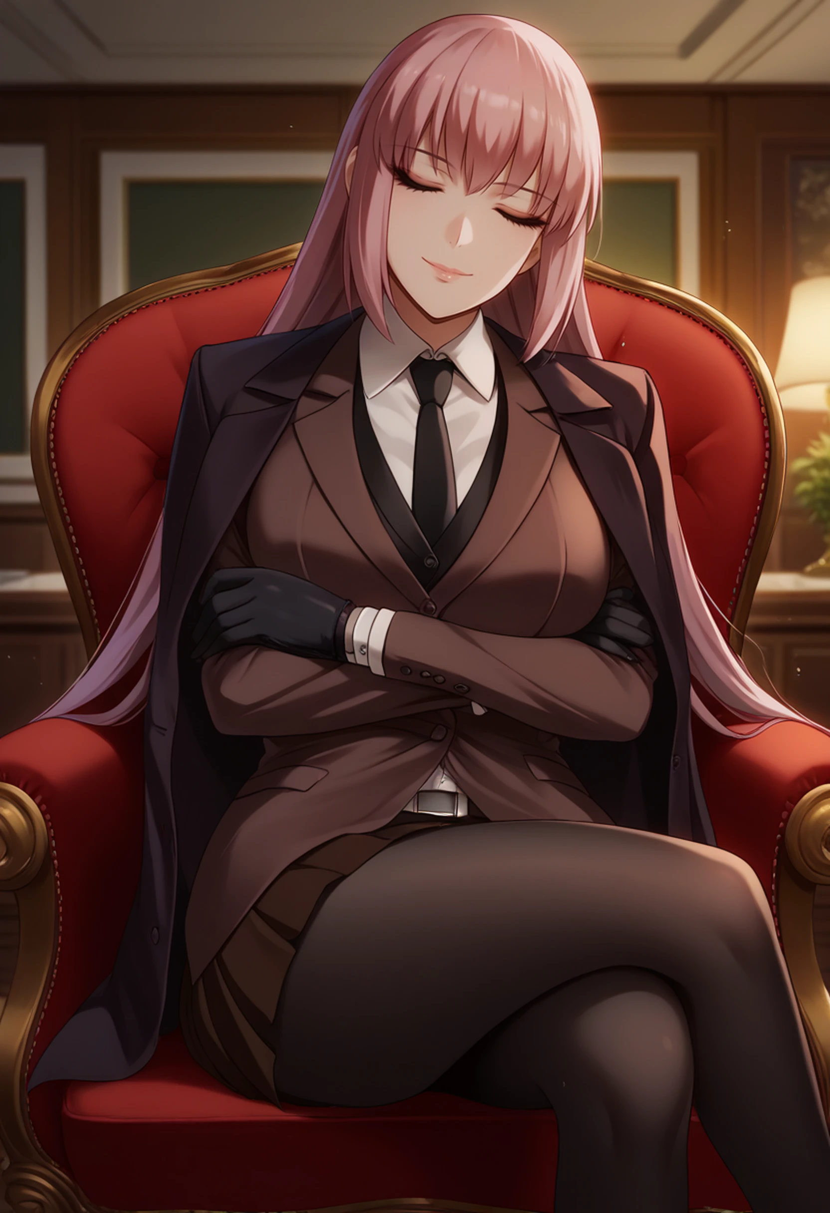 score_9, score_8_up, score_7_up, source_anime BREAK 1girl, looking at viewer, cowboy shot, from side,
<lora:FlorenceNightingaleP2_Dwnsty:0.8>, flnightingale_formal, closed eyes, pink hair, hair down, long hair, black necktie, formal, black gloves, black jacket, jacket on shoulders, brown blazer, brown skirt, skirt suit,pleated skirt, black pantyhose, undershirt, collared shirt, white belt, long sleeves,
large breasts, skindentation, lips, ligth smile, crossed arms, sleeping,
indoors, museum, chair, sitting, on chair, crossed legs,