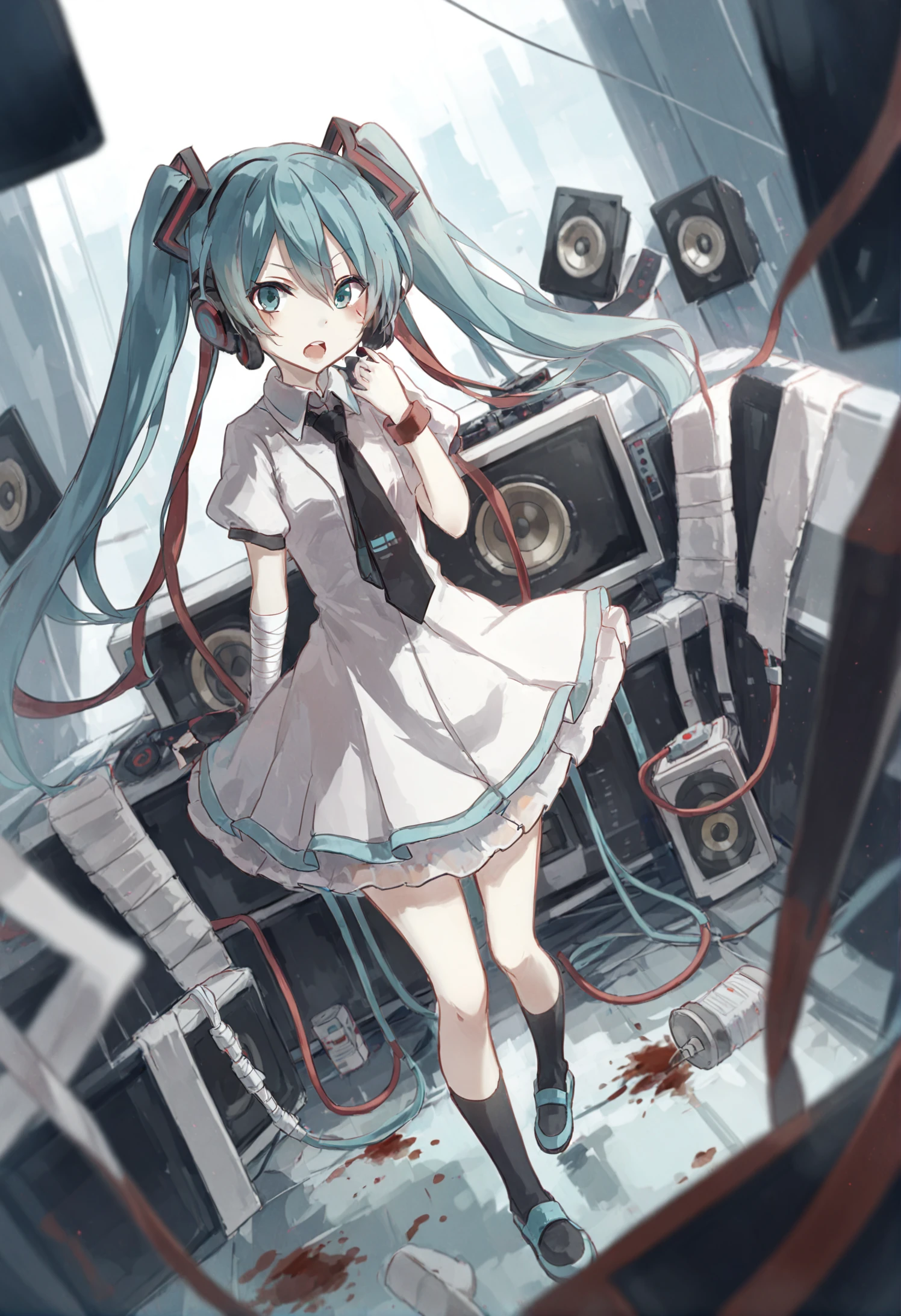 masterpiece, best quality, 1girl, hatsune miku, speaker, long hair, twintails, solo, open mouth, aqua hair, very long hair, bandages, blood, television, cable, dress, standing, looking at viewer, shoes, socks, full body, >_<, aqua eyes, headphones, white dress, bandaid, necktie 
 <lora:junsui0906XLlokr4f-000181:0.95>