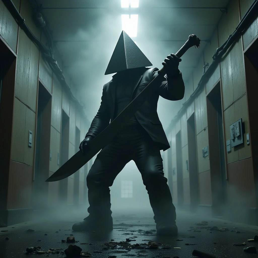 ((an extreme wide shot of a Silent Hill's Pyramid Head wearing his gigantic triangular black iron helmet wielding his gigantic 20 foot long Great Knife in a one half of a pair of scissors shape,  inside a hospital room, mist in the air, a lot of debris and ashes on the street and sidewalks)), dark low-key lighting, shot with Sony Fx6