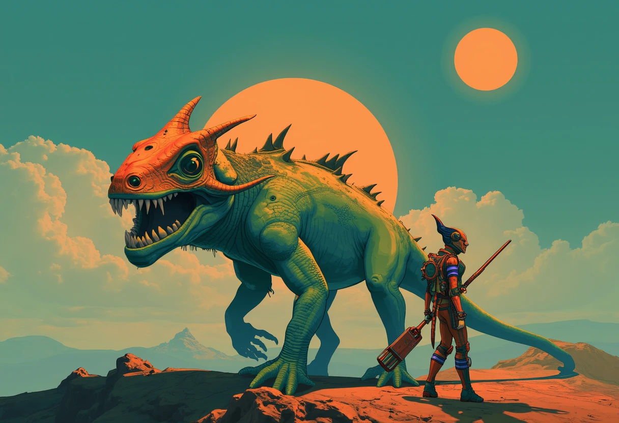 pscl, alien woman walking along a huge beast with three eyes and scaly lizard skin orange green and blue walking holding a long crowbar in front of an orange sun with another orange sun in the sky with a plain blue sky, her suit is orange with three blue bands, her backpack is metal, her head is pointed upwards in the back,