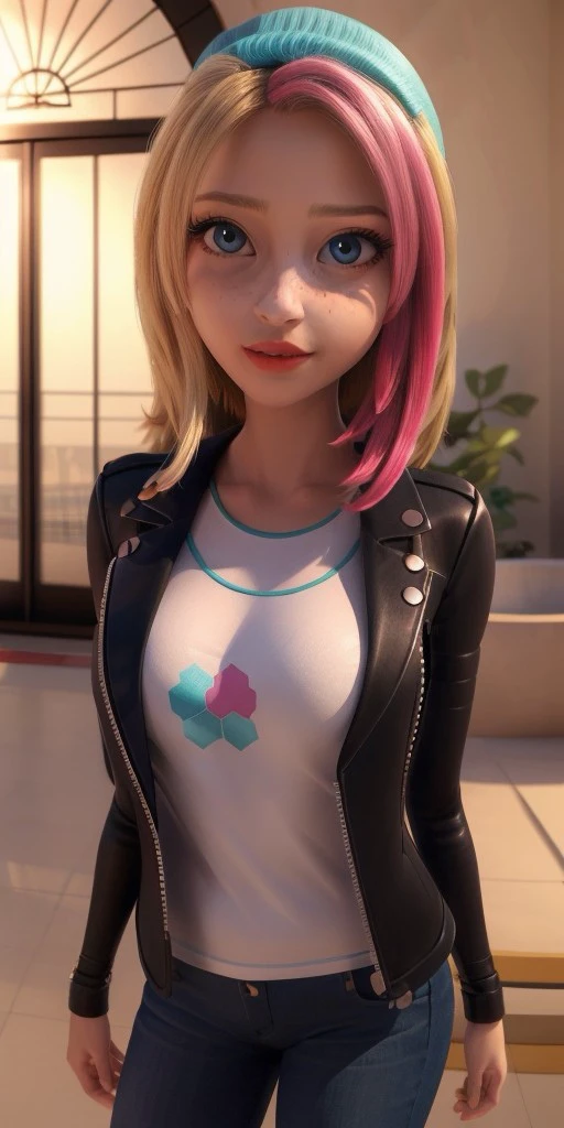 Hyperrealistic, photorealistic, super detailed, black unbuttoned jacket, white T-shirt, bright yellow jeans, vivid shade of azure eyes, shoulder length sandy blonde hair that has significantly shorter bangs with the ends reaching her shoulders, (hot pink dyed strands on the left side), light freckles, coral lips, body like in real life, large pores, peach skin tone, slender, beautiful arms, very little very flat breasts, unreal engine, octane render, droped shadow, bokeh, cinematic lighting, <lora:add_detail:0.5>, <lora:Volumetric_lighting:0.6>, Zoe Lee, , <lora:9c5d584a-ab50-49af-9d50-d339318f14f4:0.7>