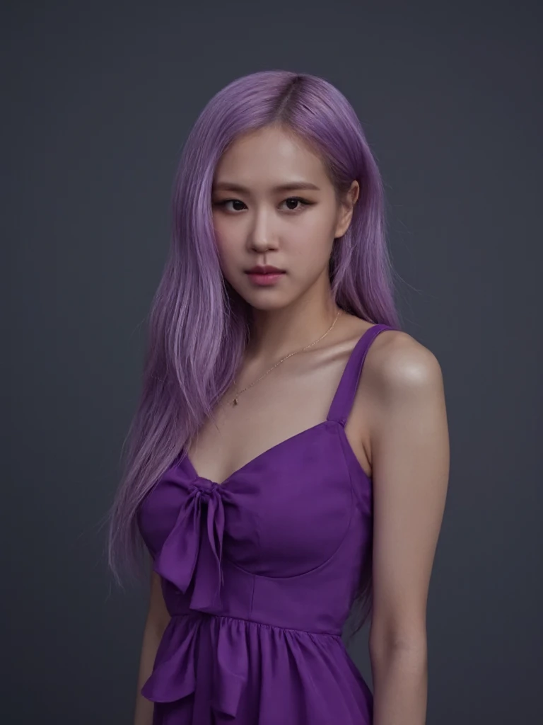 Portrait of blaros woman posing for the camera. She is wearing a violet dress and is standing in a photostudio with a grey background. The scene is a professional photography with studio lighting. She is looking serious and seducive at the camera. She has long light violet hair