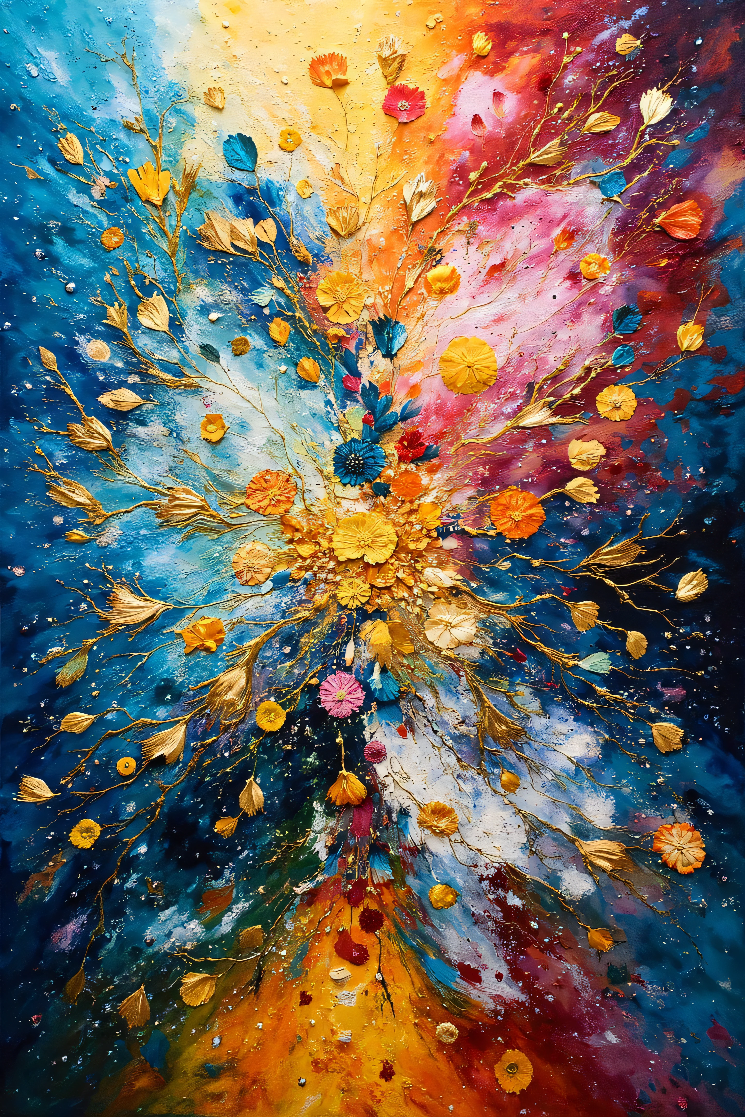 Create an abstract oil painting representing the genesis of life from the four elements. Use an expressive explosion of colors—blue, yellow, red, white, pink, black, and green. The painting should feature a symmetrical and hyper-detailed texture with golden accents that radiate light. Illustrate the elements of sky, water, fire, and earth (symbolized by floral forms) merging and intertwining to evoke the creation of life. Ensure the composition is ethereal and brilliant, capturing the essence of life emerging from elemental forces.