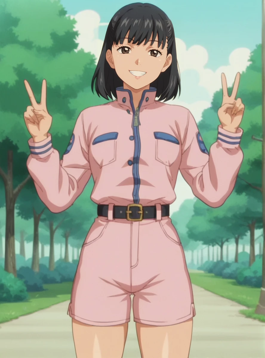 score_9, score_8_up, score_7_up, anime screencap,  anime screencap  anime_coloring <lora:MikiGoogleV:0.7>1girl, solo, black hair, mikijumpsuit, jacket, shorts, bangs, long sleeves, belt smile  v sign_ thick thighs , outdoors