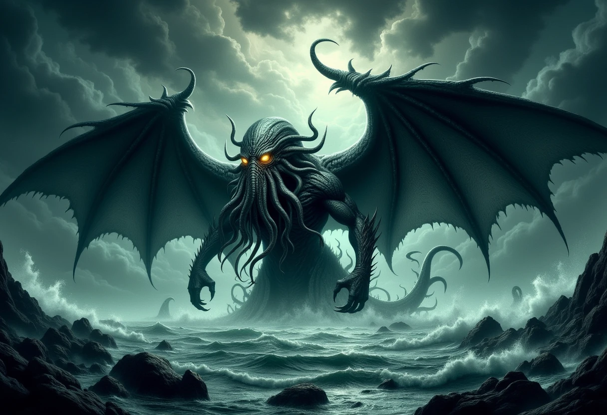 <lora:drkfnsy_pdxl_EliPot:1>, dark fantasy a muscular Cthulhu with yellow glowing eyes and large bat wings rising from the sea with a storm in the sky