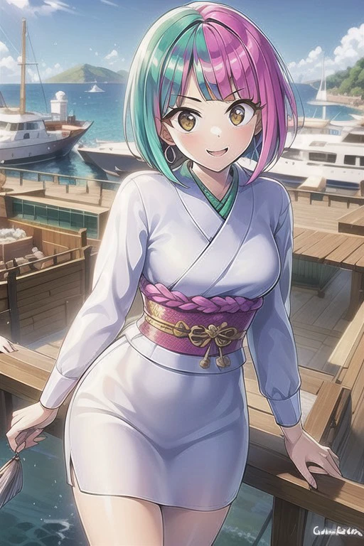 intricate details, finely detailed, <lora:Add Detail:0.4>, (masterpiece), best quality, high resolution, highly detailed, detailed background, thin, small size, ((curved)), ((st_style)), st_helly, (large breasts),  on a port with sea and boats in the distance, nail polish, japanese clothes, walking, looking away, pensive