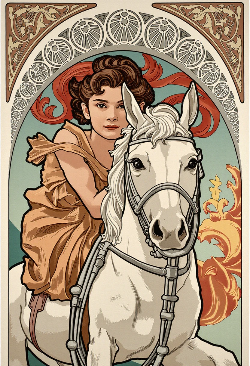 An Art Nouveau poster of Audrey Hepburn riding an elegant white horse with long, flowing hair. Audrey is wearing a tan, art nouveau style dress, and is laying her chest down on the back of the horse. The image is framed by an ornate lattice