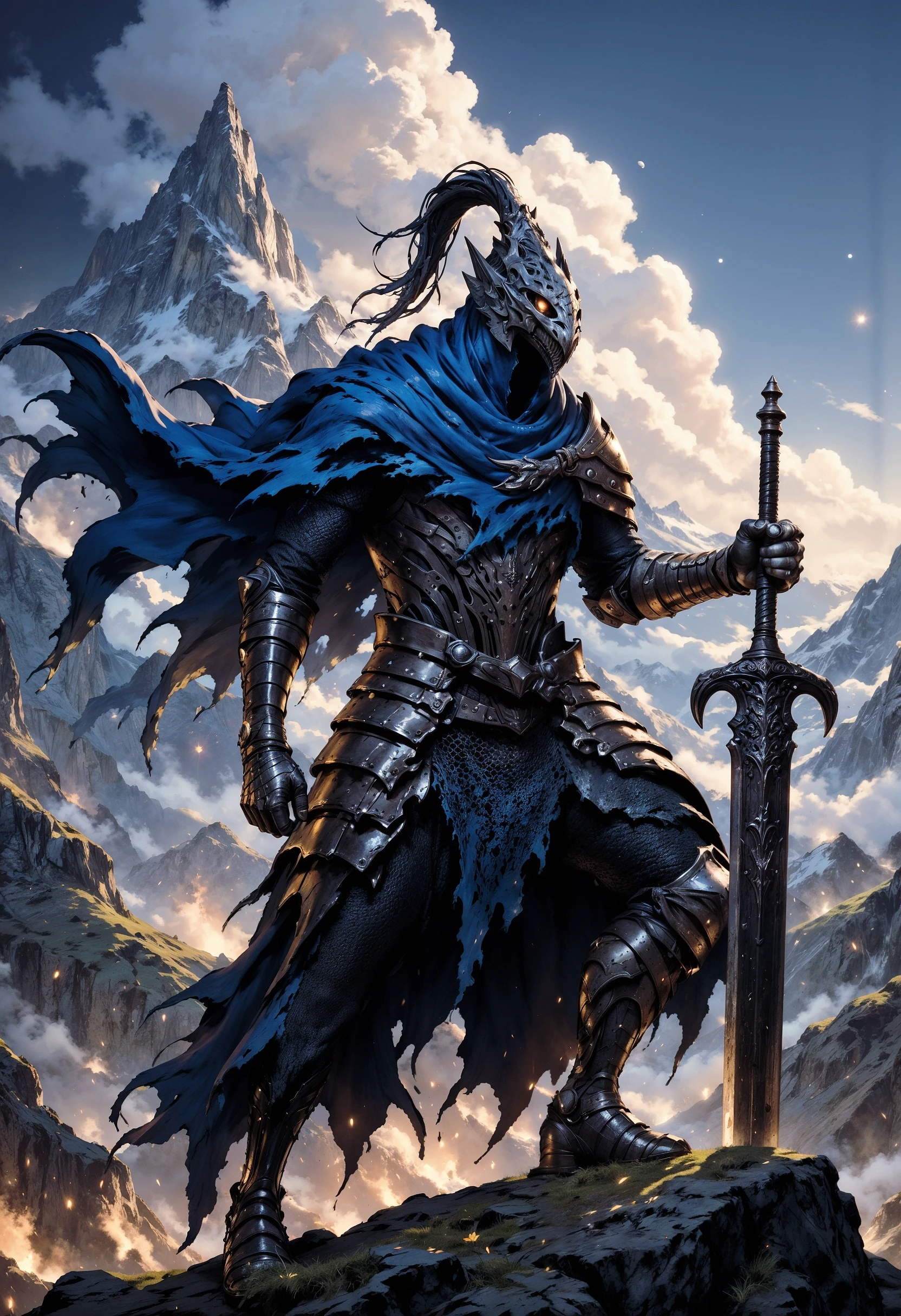 FluxArtorias, A stoic, battle-worn knight stands atop a jagged mountain peak, his tattered blue cloak billowing in the harsh wind. He is holding a sword, its blade reflecting the dancing fire particles that surround him. This ultra-realistic depiction of a dark fantasy warrior is rendered with exquisite detail, from the intricate armor to the intense expression on the knight's weathered face. The lighting and texture in this painting create a sense of depth and intensity, immersing the viewer in a world of magic and danger.  <lora:FluxArtorias:1> <lora:FluxMythP0rtr4itStyle:0.8> mythp0rt <lora:fluxenhancer:0.5>