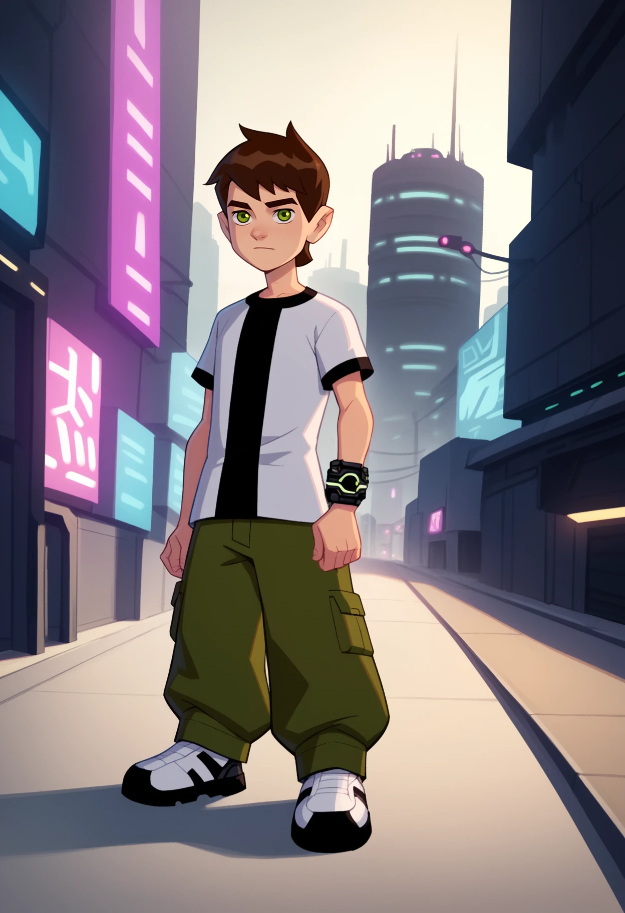 score_9, score_8_up, score_7_up, BREAK
1boy, bentennyson, brown hair, green eyes, 
green cargo pants, shirt,
full body, standing, solo, looking at viewer, futuristic city, neon light, futuristic city background    <lora:Ben10XL_byKonan:1>