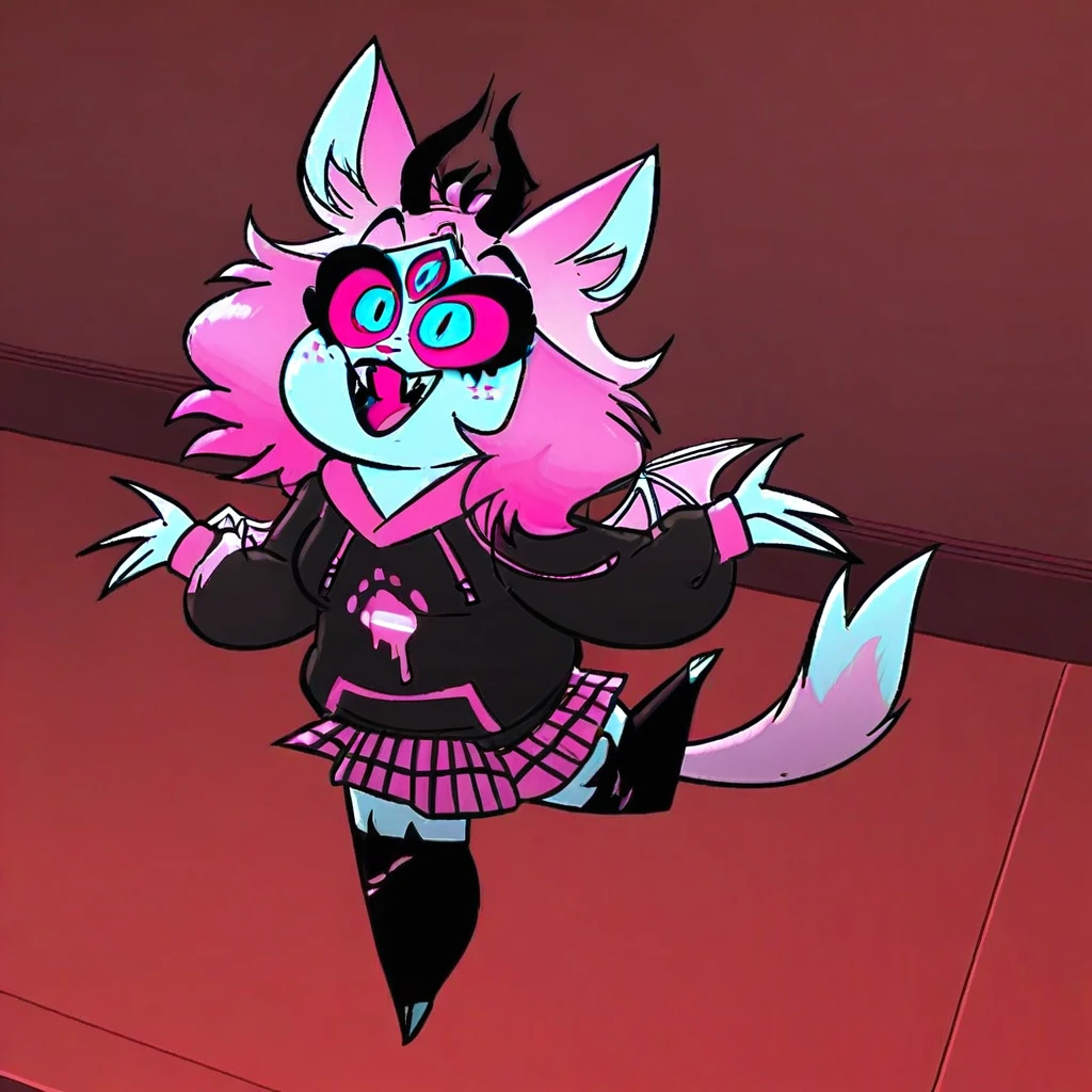 A furry cat girl with purple brown fur, short black hair turned to the left, with two black lines on each cheek, bright purple eyes with black stripes, two very small purple horns at the dark ends and lighter at the ends, but it has to be browned, half-purple fuzzy ears with black stripes behind the horns. She wears a spiked collar, black gloves with white fingers reaching almost to the elbow, a short black t-shirt with white stripes at the edges, short sleeves and a white pentagram in the center. Her short shorts are black with white edges, revealing the panty line, and she wears black pantyhose with two white stripes at the beginning. Its belly is white in the center, and she has a huge fluffy tail at the end, plus a black halo with an X in the middle, very chubby.