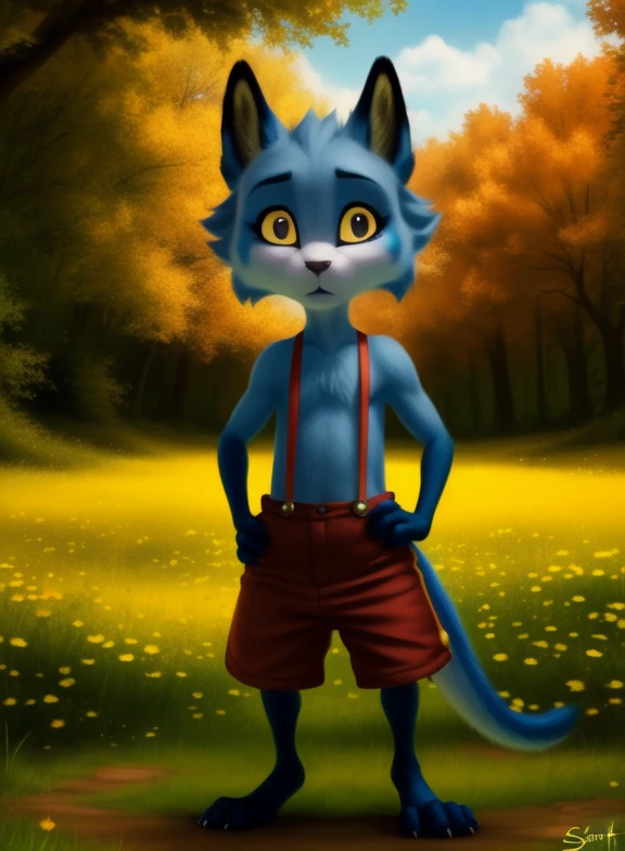 <lora:ChaleyGobYPYif:1> ChaleyGobYP, yellow sclera, black eyes, black ears, dark blue paws, red pants with suspenders, purple eyeshadow, chibi,
Looks at the viewer, Four fingers, ((Hands on hips, standing,))
[ large window, (nature), forest, grass, day shining, clouds, flowers, ]
(beautiful, aesthetic, perfect, delicate, intricate, saturated colors), masterpiece, digital drawing, best quality,
[by personalami], by smitty g, [[[by Foxovh]]], [[by Ross Tran]]