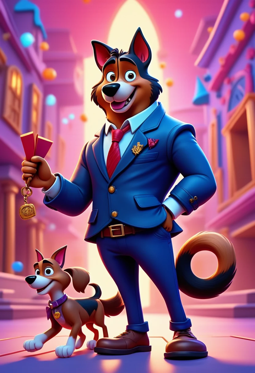 Jedtoon,cartoon, "Prank-Kids Bow-Wow-Bark", dressed in business casual, Semi-formal, tailored, smart, professional, <lora:Toonstyle-000006:1>, dynamic dramatic composition, dynamic background, intricate detail, very coherent, badge, magical composition, advanced cinematic perfect light, complimentary colors, ambient, beautiful elegant, deep rich colors