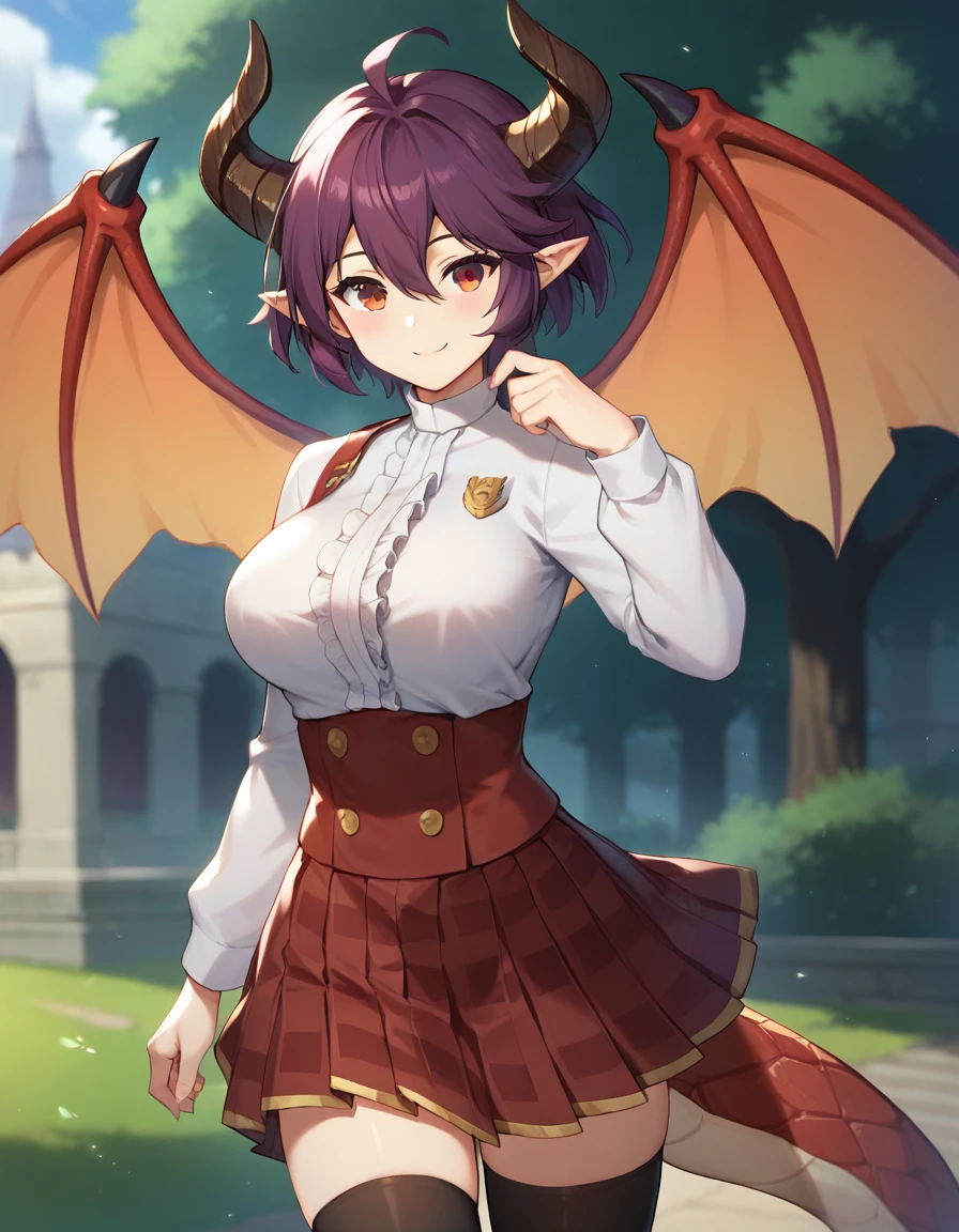 score_9,score_8_up,score_7_up,score_6_up BREAK official art,solo,outdoors,cowboy shot,looking at viewer,facing viewer,smile,Grea(snb),Grea uniform,dragon girl,dragon horns,short hair,purple hair,pointy ears,floating hair,hair between eyes,bangs,red eyes,white shirt,frilled shirt,center frills,long sleeves,large breasts,dragon wings,shirt tucked in,buttons,red skirt,high-waist skirt,pleated skirt,plaid skirt,dragon tail,zettai ryouiki,black thighhighs,loafers,brown footwear,<lora:Grea(snb)-Pony:1.5>,<lora:Smooth Anime Style LoRA XL:0.8>,